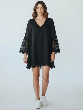 Umgee Long Sleeve Crochet Trim Dress Black Size Small